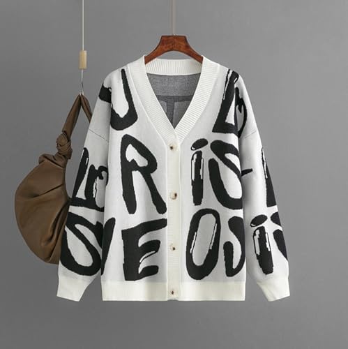 Women's Knit Long Sleeve Open Front Cardigan V-Neck Button Down Letter Pattern Sweater Coat Outwear2