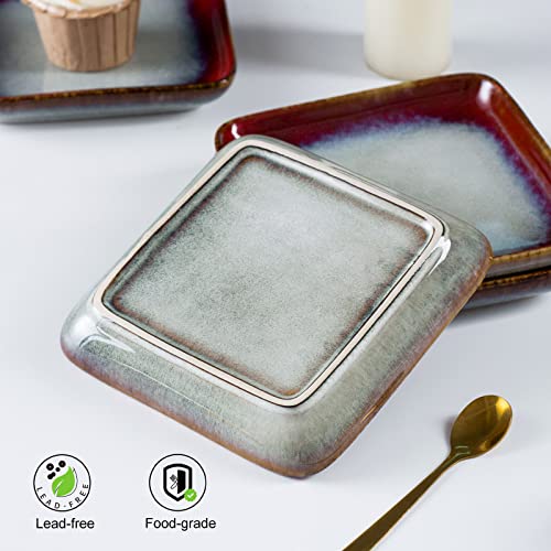 Ceramic Square Plate Sets - Dessert, Appetizer, Snack, Small Dinner Plate Scratch Resistant, Porcelain Serving Side Dish 6.3 Inch Microwave & Oven, Dishwasher Safe - Set Of 4, Reactive Red #TOP5