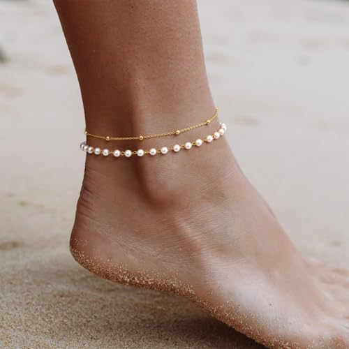 Gold Ankle Bracelets for Women, Dainty 14K Gold Plated Anklets for Women Waterproof Cuban Link Chain Pearl Anklet Set Trendy Layered Stackable Ankle Bracelet Non Tarnish Jewelry for Her - Image 3