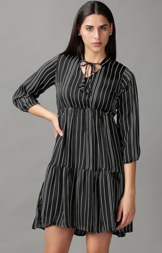 Image of SHOWOFFFF Women Stripe Print Fit and Flare Casual Dress | Round Neck 3 /4th Sleeves Satin Dress for Womens | Above Knee Dress for Women's