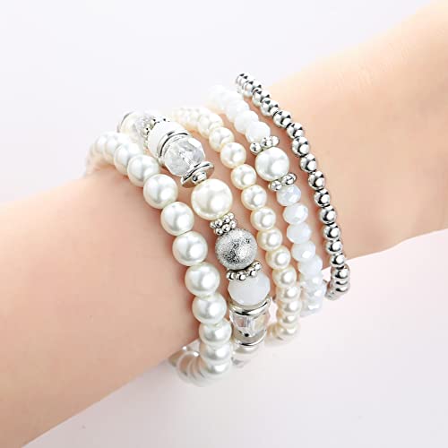 Noessla Beaded Pearl Stretch Bracelet Silver Stackable Crystal Beads Bracelets Trendy Costume Jewelry Mothers Day Gifts For Women(White) #TOP2