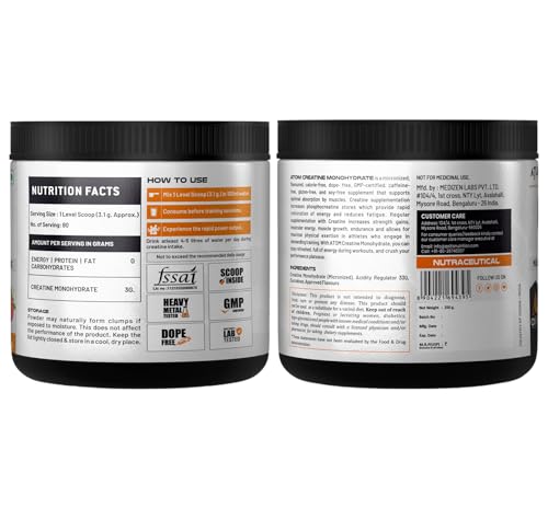 Image of AS-IT-IS ATOM Creatine Monohydrate 250g - 80 Servings|Dope Free|Enhances Performance|Promotes Muscle Gains,Boosts Strength, Straberry Lemonade