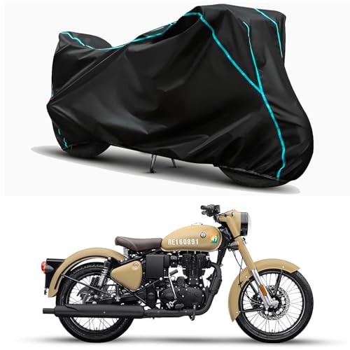 Image of Waterproof Bike Body Cover Compatible for | Royal Enfie Classic 350 Signal | Taffeta Fabric, Sky Piping Design, Bottom Elastic Fit | Dustproof, Sun UV & Rain Protection for All Weather.