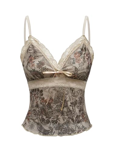 Milumia Women's Boho Lace Cami Crop Tops Y2k Spaghetti Strap Going
