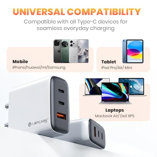 Image of LAPCARE Trio Thumby 65W GaN Wall Charger - Dual USB-C PD & USB-A Fast Charger, Compact 3-Port Compatible Adapter for MacBook, iPhone, Samsung, iPad, and More
