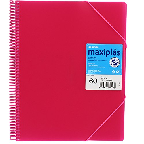 Grafoplas | Cartelle di buste in plastica a4 | 60 buste trasparenti | Coperchi rigidi Fucsia | Spirale PVC | Apertura 360 | Include busta | Archivio materiale scolastico e da ufficio | Maxiple