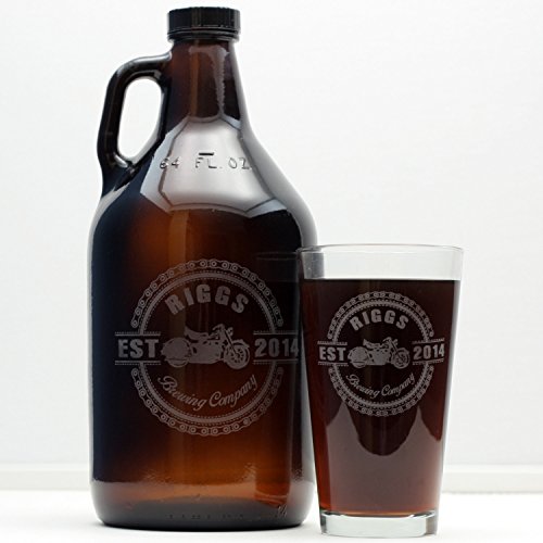 Personalized Engraved Motorcycle Themed Homebrew Growler & 2 Glass Set