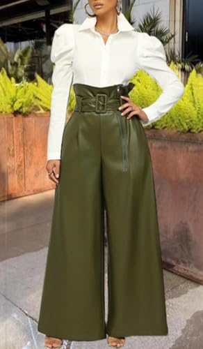 Women's Faux Leather Wide Leg Pants High Waist Side Zipper Baggy PU Leather Pants Party Club Trousers with Belt2