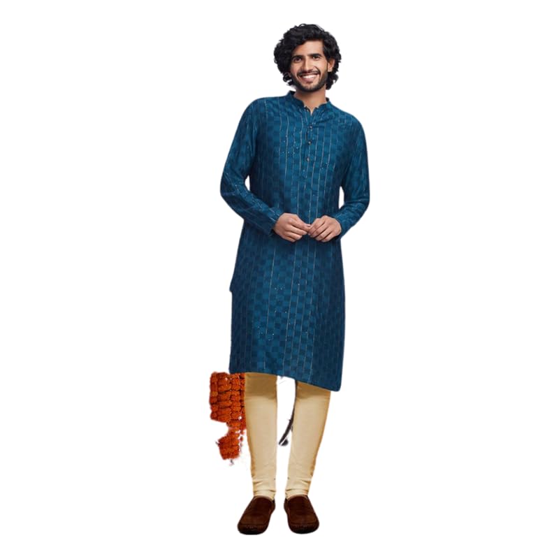 Image of KISAH Men's Kurta Churidar Set, Turquoise Blue Pure Cotton, Embroidered Regular Fit Mandarin Collar Long Sleeves (XL)