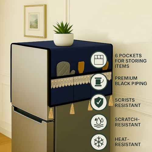 Image of Refrigerator Single Door Waterproof, Dustproof, Tassel Lace Refrigerator Top Cover, Protective Cover for Fridges with Extra Storage Space Nylon Top cover with 6 Storage Pockets (Navy Blue,130 x 54 cm)