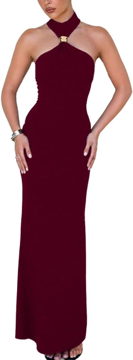 ABINGOO Women Sexy Halter High Neck Maxi Dress Sleeveless Back Slit Elegant Party Cocktail Wedding Guest Formal Long Dresses