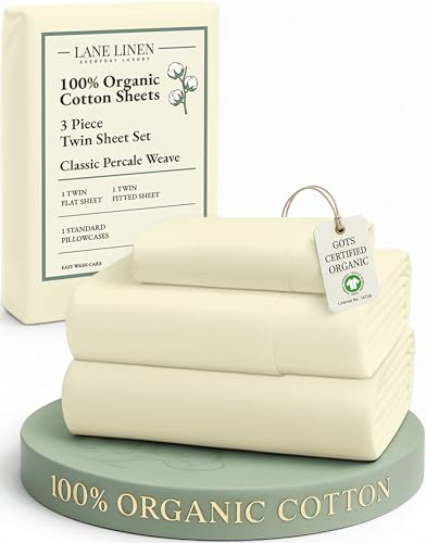 Image of LANE LINEN 100% Organic Cotton Twin Bed Sheet Set, Soft, Comfy & Breathable Hotel Style Percale Bedding Sheets & Pillowcases Set, Mercerized Cotton Fully Elasticized Sheets Twin- Vanilla