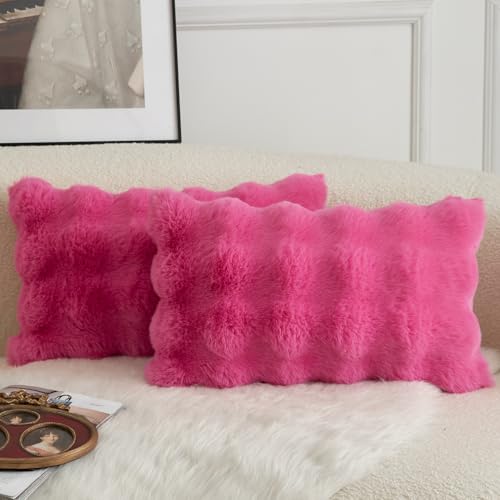Image of MANDIOO Pack of 2 Thick Plush Wool Decorative Throw Pillow Covers Super Soft Wave Bubble Fur Velvet Cushion Covers Pillow Shams for Couch Bed Living Room 12x20 Inch Hot Pink