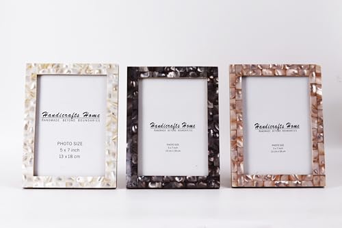 Handicrafts Home 5x7 Picture Frames Set of 3, Made Mother of Pearl, Covered by Plexiglass Display 5x7 Pictures, for Table Top Display and Wall Mounting Photo Frame, White
