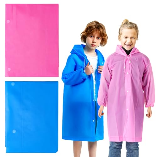 KALIONE 2 St&uuml;ck Regenponcho Kinder, Kinder Regenmantel f&uuml;r M&auml;dchen Jungen, Wiederverwendbar Regenmantel, Regenponchos mit Kapuze f&uuml;r Radfahren im Freien, Reisen, Bergsteigen, Wandern(Farbe 1)