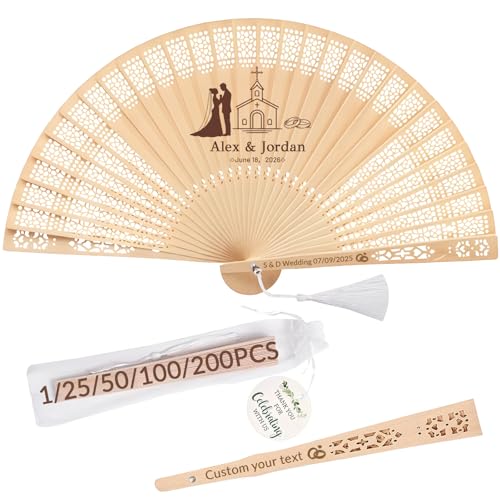 Lot de 100 Éventails Mariage Personnalisables en Bois, Gravure Nom,