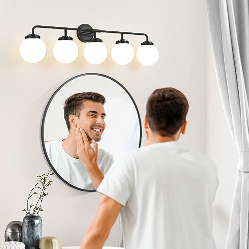 Image of Bathroom Light Fixtures 39in 5-Light Matte Black Vanity Lights for Mirror | Bathroom Lighting Fixtures over Mirror, ETL, Brushed Brass Wall Sconce, Dimmable E12 Base Max 60W, Milky Glass Ball Shades