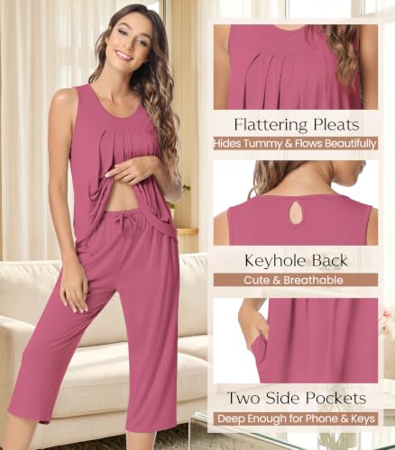 Image of NACHILA Pajamas for Women-Viscose Made from Bamboo, Sleeveless Pjs Tank Top Capri Pants Pajama Sets Cooling Sleepwear