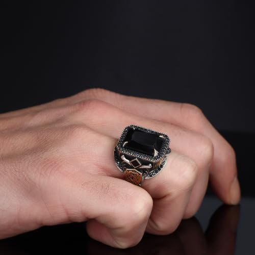 Men's Sterling Silver Ring with Black Onyx Gemstone – Square-Cut Statement Ring with Vintage Side Details2