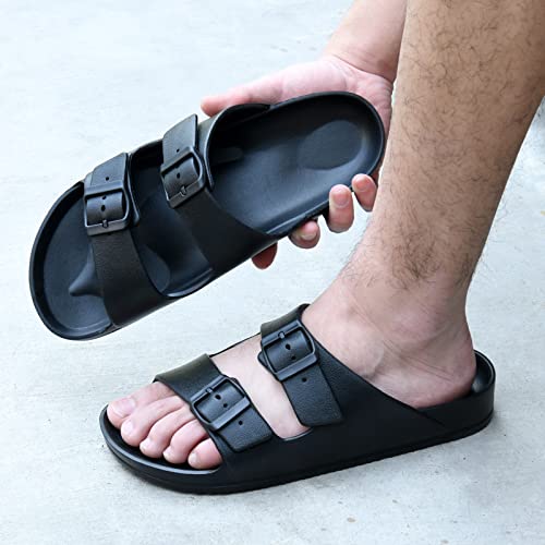 Temi Mens Slides Adjustable Slip on Sandals,Summer Beach Pool Shower EVA Sandals for Men,Double Buckle Lightweight Waterproof Comfy Bathroom Flat House Slippers for Men Size2