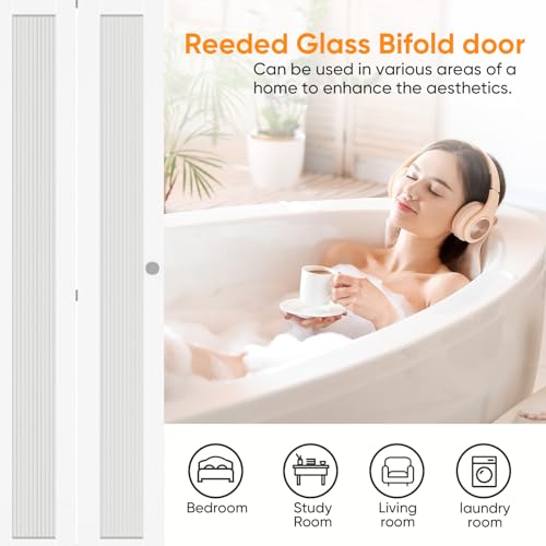 BARNER HOME Closet Doors, Reeded Glass Panel Bi-Fold Door, Multifold Interior Door, Folding Doors with Hardware Kits for 36'' Opening