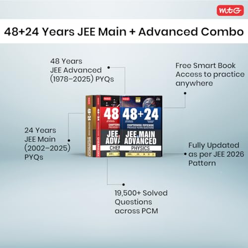Image of MTG 48 + 24 Years JEE Main (2025-2002) and JEE Advanced (2025-1978) Chapter-wise Topic-wise Previous Years Solved Papers Mathematics Book | PYQ Question Bank For 2026 Exam