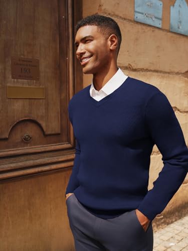 PJ PAUL JONES Mens Lightweight Sweater Ribbed Long Sleeve Sweaters Casual V Neck Knit Textured Pullover Business Office Work Navy Blue M 5