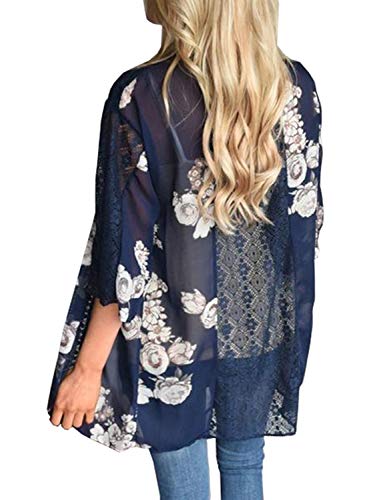 Image of Chunoy Women Short Sleeve Kimono Cardigan Open Front Back Hollow Out Cover Up Blouse Top Blue Medium