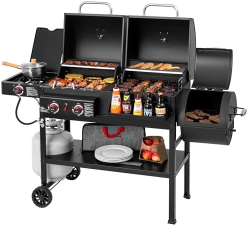 Grills House 2-Burner Gas and Charcoal Combo Grill with Offset Smoker & Side Burner, 34,000 BTU Dual Fuel Grill, 1020 Sq. In. Cooking Area, Ideal for Outdoor Cooking, Black, ZH3005Y-SC