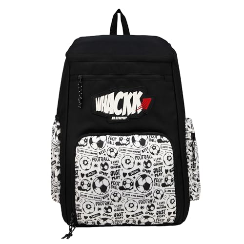 Image of WHACKK Figo Football Bag Black White 44L|Sports Backpack with Ball Holder, Detachable Wet Drawstring Pouch, Utility Pockets & Large Capacity for Gear