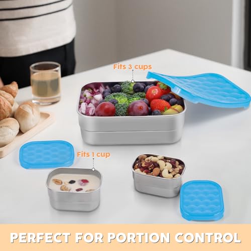 Image of Tanjiae Stainless Steel Lunch Snack Containers Set | Leak Proof 304 Stainless Steel Food Containers with Silicone Lids - Perfect Metal Lunch Box for School and Daycare (Blue Lunch, Medium)