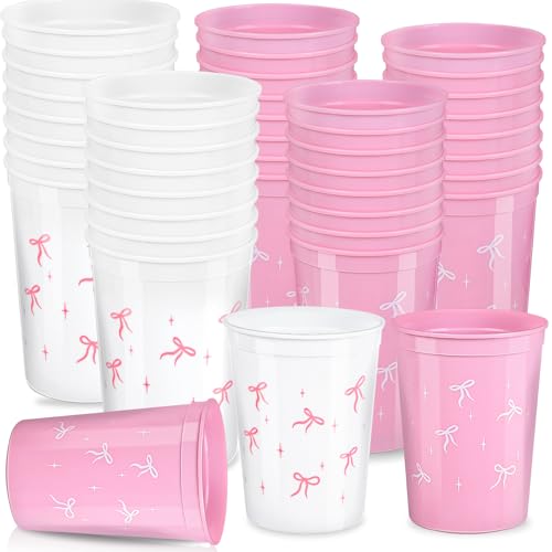 24Pcs Pink Bow Coquette Plastic Cups Pink Bow Themed Birthday Party Decorations 12 Oz Reusable Pink Bow Party Disposable Cups for Girl Bachelorette Wedding Bridal Baby Shower Party Favor Supplies