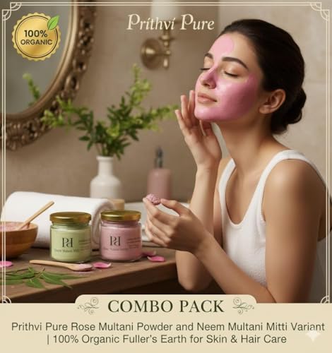 Image of Multani Mitti Combo Set 200g Each - Rose & Neem | 100% Organic Fuller's Earth for Face, Hair & Skin Care | Natural Oil Control, Acne & Tan Removal