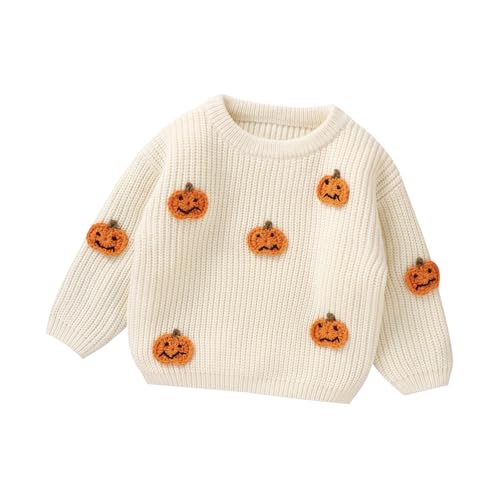 Image of Toddler Baby Girl Pumpkin Sweater, Long Sleeve Pullover Jumper Fall Winter Knitwear Halloween Sweater (White, 9-12 Months)