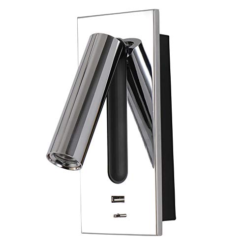 Sannelchel Moderna lámpara de pared para dormitorio, luz LED de lectura interior del hogar, luz LED de libro de 3 W, foco, lámpara de pared para interiores con USB 5 V 2.1 A de carga rápida (cromo)