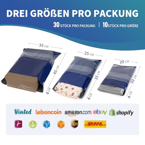 Wemk Versandtaschen Warensendung, 30 Stück Versandtüten für Vinted, 3 Größen Versandtaschen Packung, Selbstklebend und Blickdicht, Wasserdicht, Abrasionsbeständig