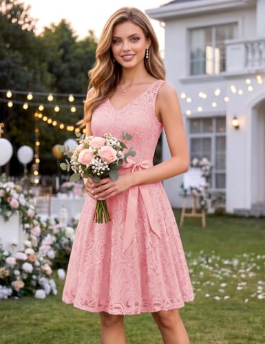 Image of Dressystar Women's Floral Lace V Neck Short Bridesmaid Cocktail Party Dress