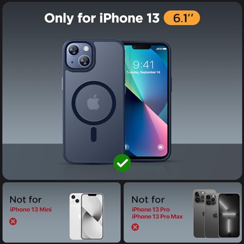 Image of Miracase Magnetic for iPhone 13 Case 6.1 inch (Compatible with MagSafe)(with 2X Screen Protectors) Military-Grade Protection, Anti-Fingerprint Translucent Matte Phone Case Cover, Dark Blue