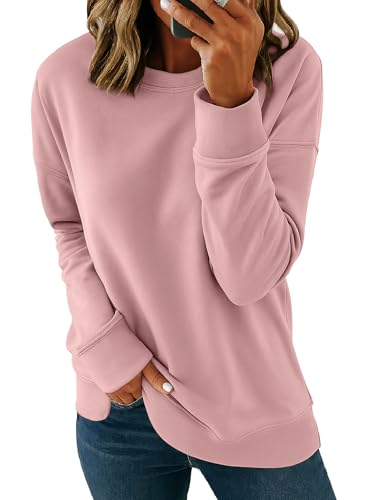 Image of SMENG Women's Sweatshirts Long Sleeve Lightweight Breathable Fall Pullover Ribbed Crew Neck Causal Ladies Tops Pink L