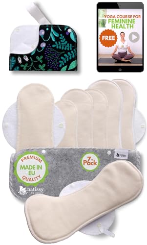Compresas Reutilizables Ecológicas de Algodón Orgánico; 7-Pack + Bolsa (S,M,L,XL) Compresas de Tela Lavables HECHAS EN LA UE; Compresas Tela Mujer Organico para menstruación, postparto, incontinencia