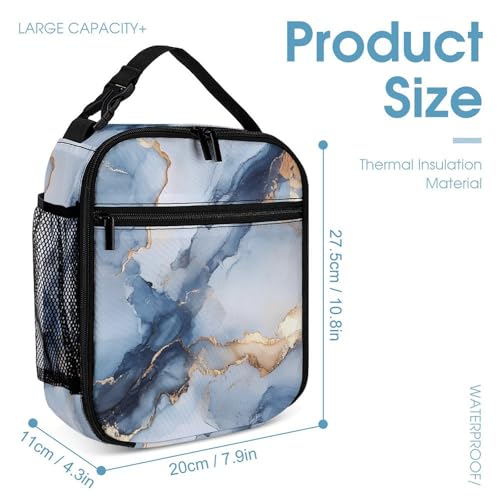 Blue Grey Marble Texture Backpack Shoulder Bags Lunch Bag Pencil Case Box 3 Set Daypack Cute4