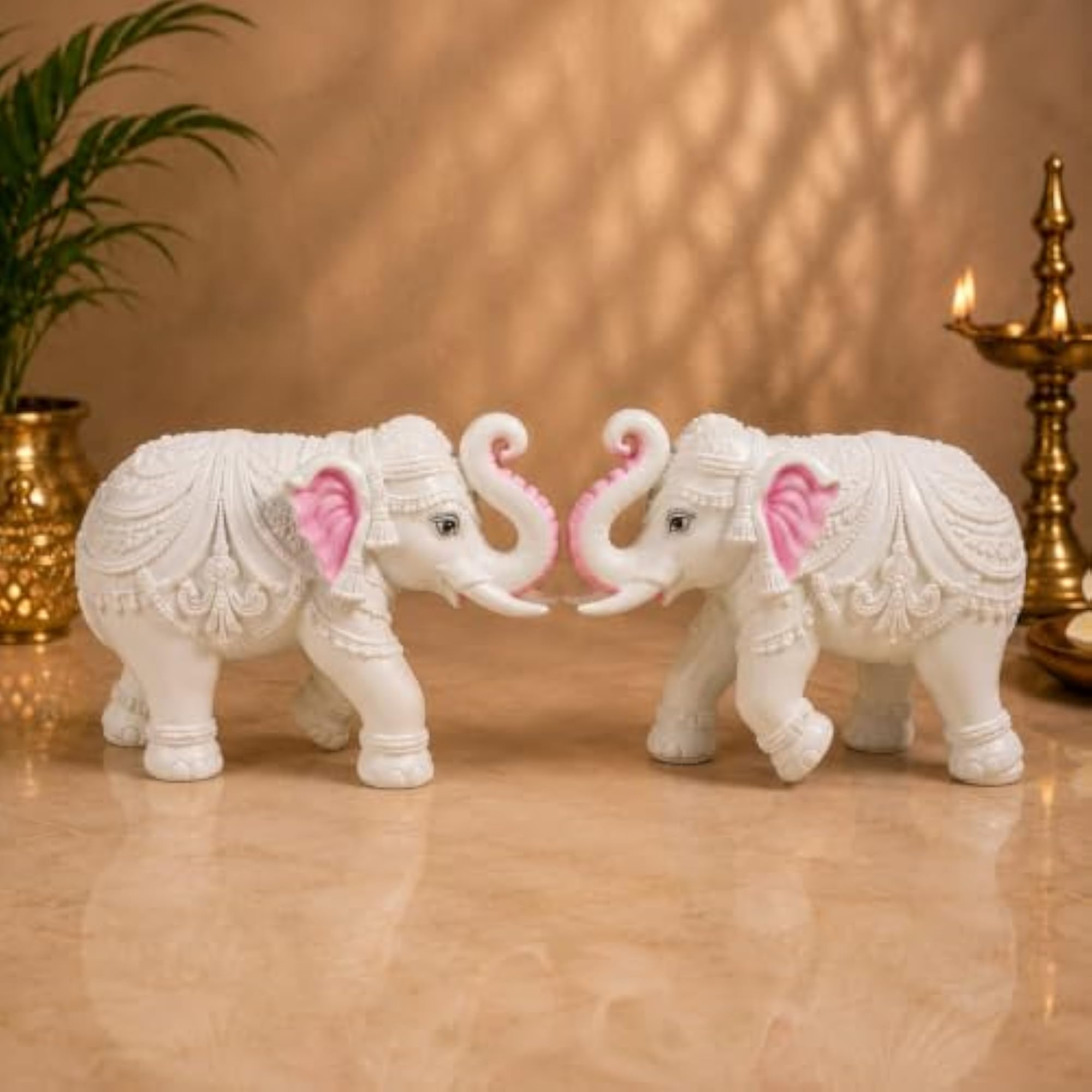 Pack of 2 White Elephant Showpieces, Marble Resin Elephant Statues