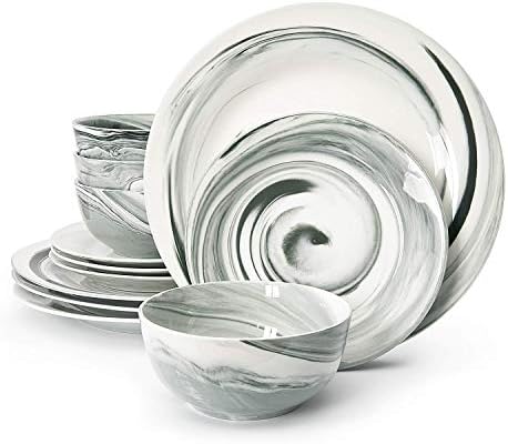Divitis Home Fusion Porcelain Dinnerware Set 12 Piece, Black Round Plates (Soup Bowls, Dinner Plates, Salad Plates), Dish Set, Dinner Plates, Plates and Bowls Sets, Dishes Dinnerware Sets