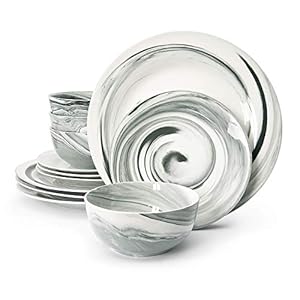 Fusion Black 12-Piece Porcelain Dinnerware Set (Round Plates, Soup Bowls, Dinner Plates, Salad Plates)