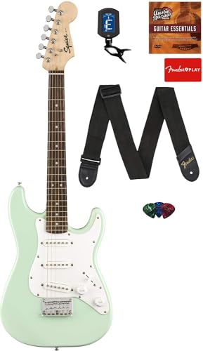 Fender Squier 3/4-Size Kids Mini Strat Electric Guitar - Surf Green Bundle with Tuner, Strap, Picks, Fender Play Online Lessons, and Austin Bazaar Instructional DVD