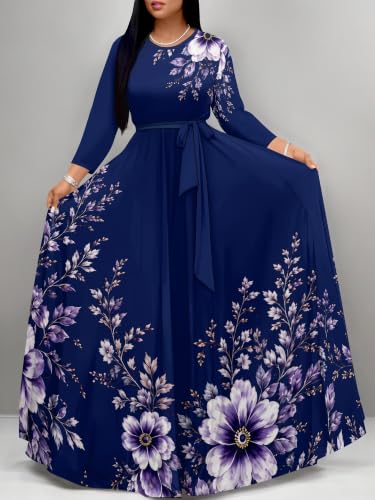 Image of Women Plus Size Long Sleeve V Neck Maxi Dress with Belt | Soft fabric relaxed fit three quarter sleeve v neck with pockets for party and daily wear
