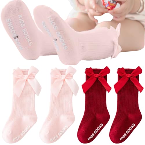 NJCXOLA 2 Paar Baby Mädchen Kniestrümpfe Kleinkind Kleid Socken Baby Schleife Strumpf Baumwolle Säuglingssocken S-Größe (0-1 Jahre alt)