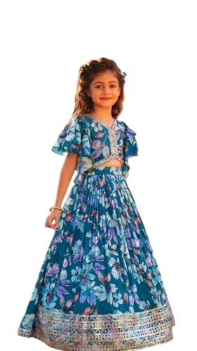 Girls Floral Lehenga Choli Set, Butterfly Print, Flutter Sleeves with Sequin Border Party Wear girls Dress