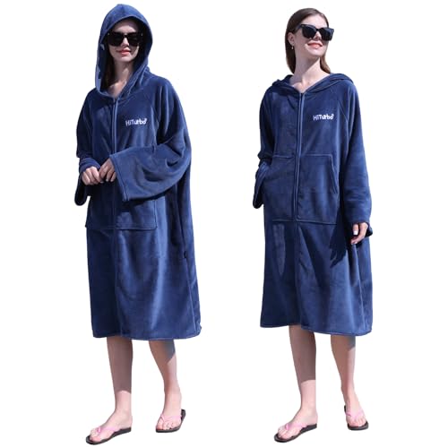 Hiturbo Adult Changing Towel Robe: Zipper Oversized Hooded Swimming Poncho - Fleece Coat for Surf Beach Pool Bath - Navy - Image 3