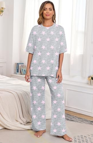 Image of PrinStory Womens Pajamas Sets 2 Piece Lounge Set Short Sleeve Tops and Long Pants Soft Pjs Loungewear with Pockets